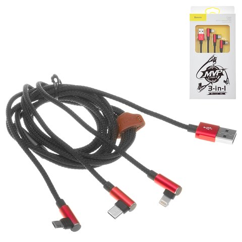 USB кабель Baseus MVP Mobile Game, USB тип C, USB тип A, micro USB тип B, Lightning, 120 см, 3,5 А, черный, красный, передача данных только на Lightning, двухсторонний micro USB тип B, Г образный, в нейлоновой оплетке, 3 в 1, #CAMLT WZ09