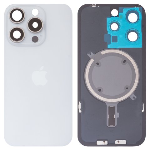 Задня панель корпуса для iPhone 15 Pro, біла, із склом камери, High Copy