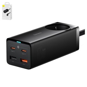 Adaptador de red Baseus GaN3 Pro Desktop, 65 W, Quick Charge, negro, con un zócalo, con cable USB tipo C USB tipo C, 4 puertos, 1.5 m, #PSZM000901