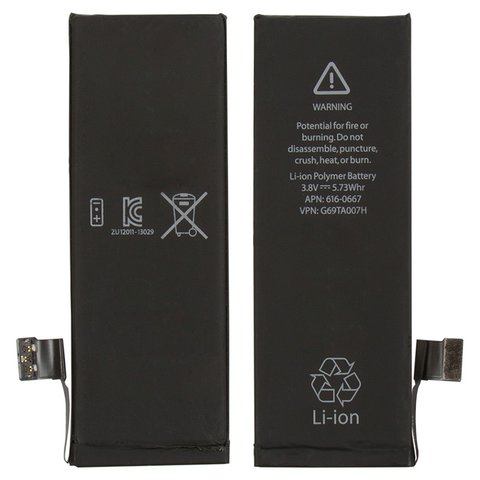 Battery compatible with Apple iPhone 5C, Li Polymer, 3.8 V, 1510 mAh, PRC, original IC  #616 0667