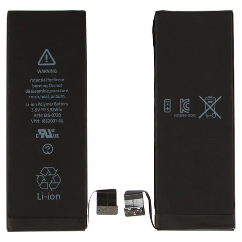 Аккумулятор для iPhone 5S, Li Polymer, 3,8 В, 1560 мАч, PRC, original IC, #616 0720 616 0718
